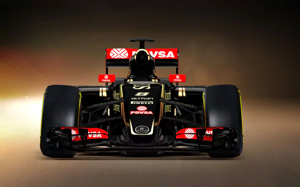 Front view of a black and gold Lotus E23 Hybrid race car, Lotus E23 Formula 1 vehicle, on a gradient backdrop — 2K Quad HD PC desktop wallpaper/background.