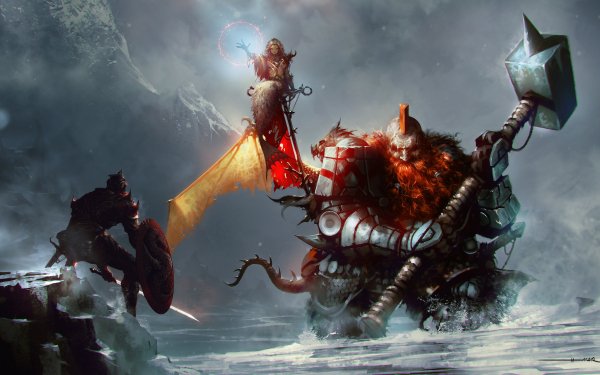 Fantasy Battle Warrior Witch Giant Dwarf Hammer Armor Magic HD Wallpaper | Background Image
