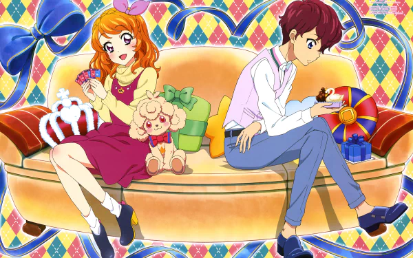 Anime Aikatsu! 5K Ultra HD PC desktop wallpaper and background: orange-haired girl with plush and red-haired boy sit back-to-back on a colorful sofa surrounded by gifts and a giant bow.