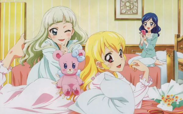 4K Ultra HD Anime PC wallpaper featuring cheerful characters from Aikatsu! relaxing in a cozy room with soft pastel tones and playful expressions.