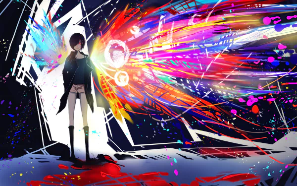 A vibrant HD wallpaper featuring Touka Kirishima from the anime Tokyo Ghoul, with striking colorful abstract wings and a dark background.