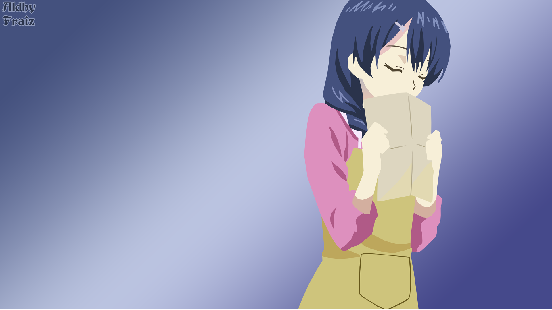 HD PC wallpaper featuring Megumi Kobayashi from the anime Food Wars: Shokugeki no Soma, depicted smelling a wrapped food item against a blue gradient background.