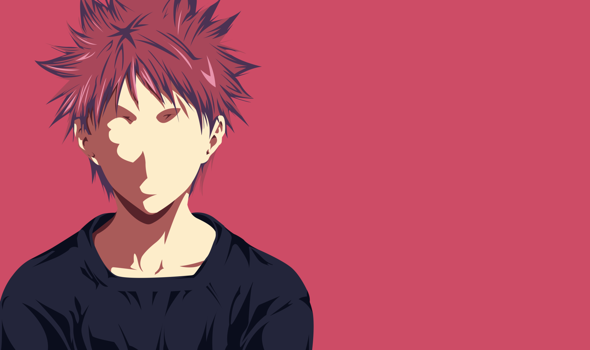 Sōma Yukihira from Food Wars: Shokugeki no Soma — minimalist portrait with spiky red hair and dark shirt on a solid pink backdrop; 2K Quad HD PC desktop wallpaper