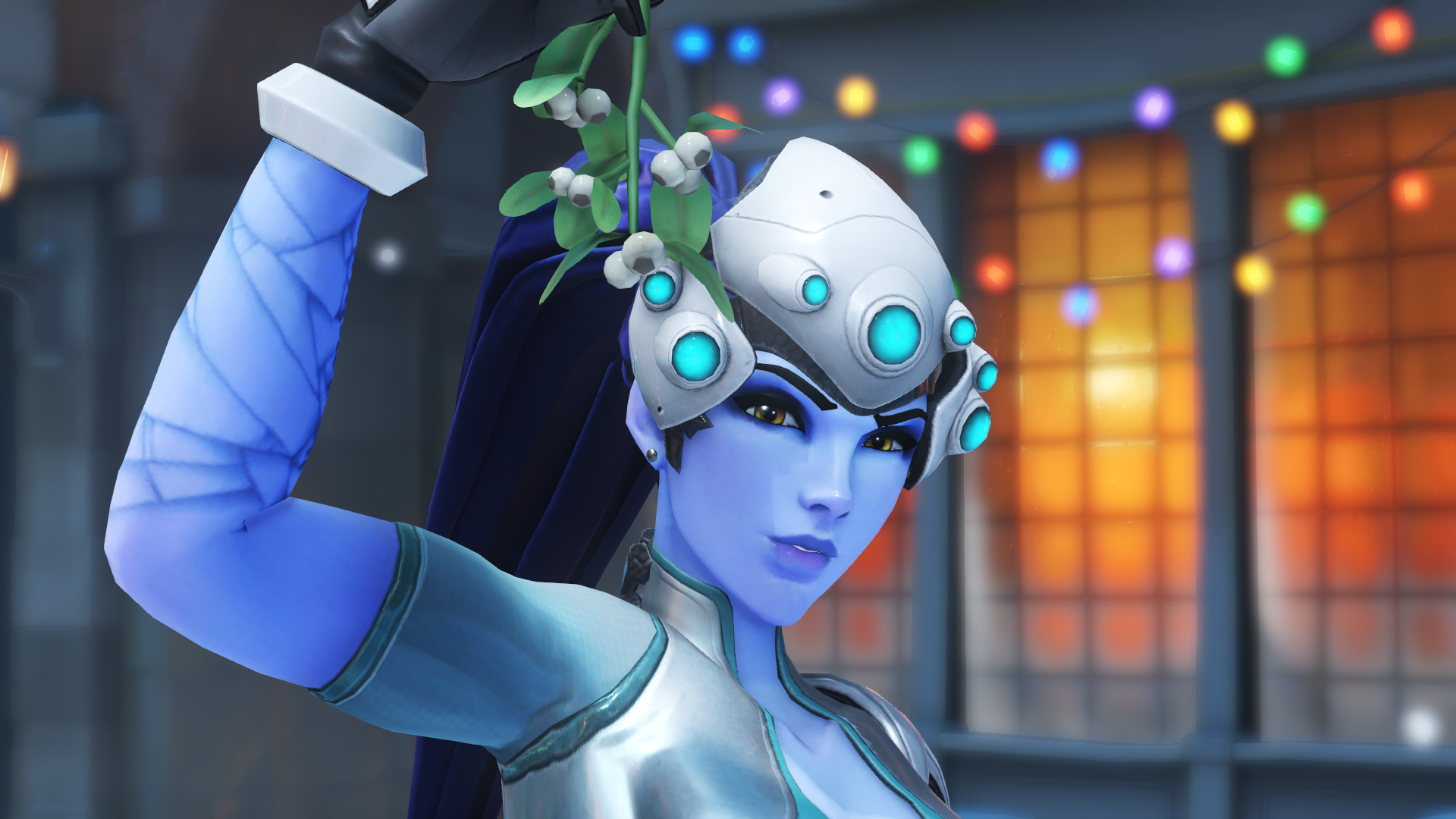 HD PC desktop wallpaper of Widowmaker from Overwatch holding mistletoe, with festive lights glowing softly in the background.