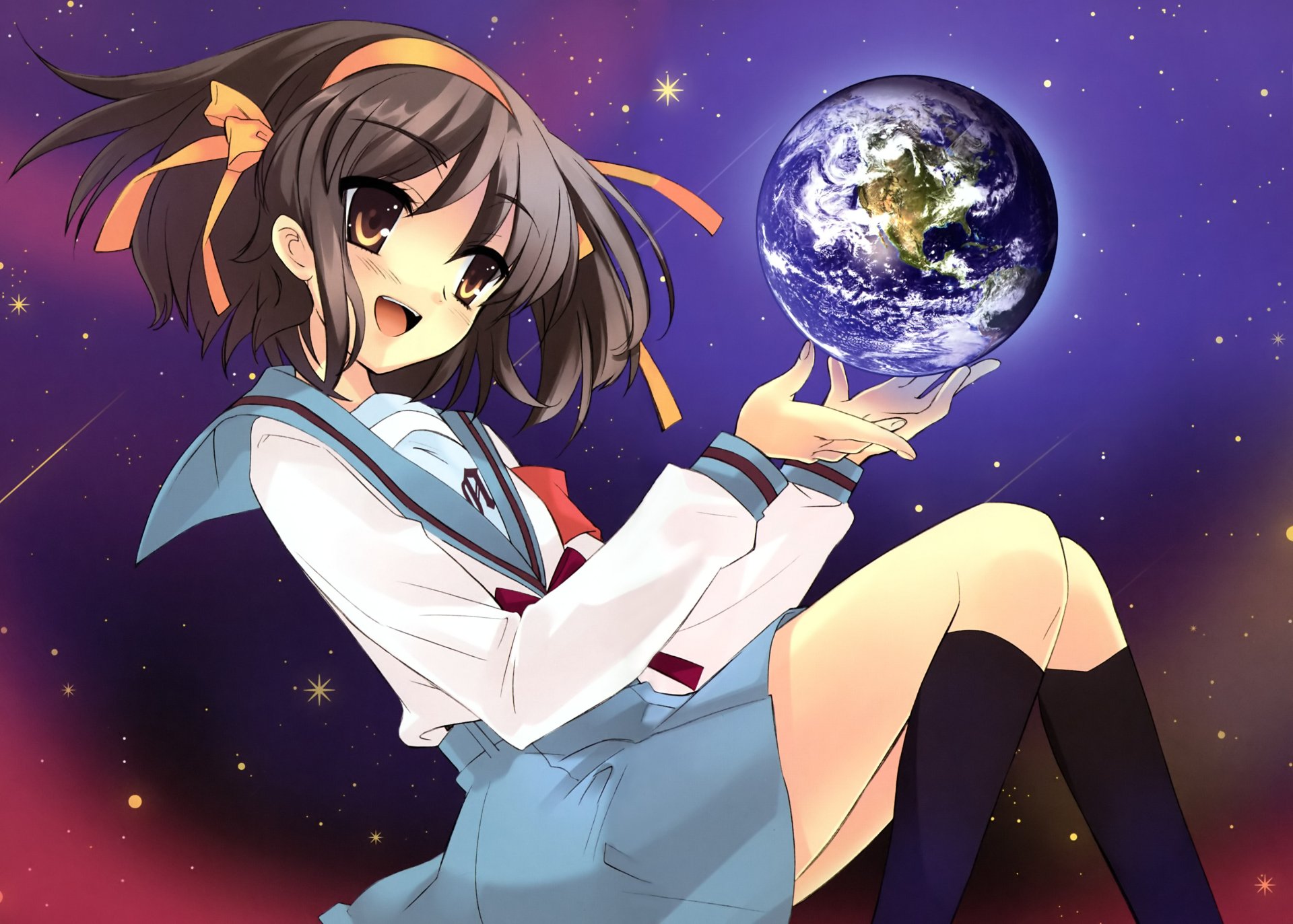 Anime-style 4K Ultra HD desktop wallpaper featuring Haruhi Suzumiya from The Melancholy of Haruhi Suzumiya holding a glowing Earth against a starry purple background.