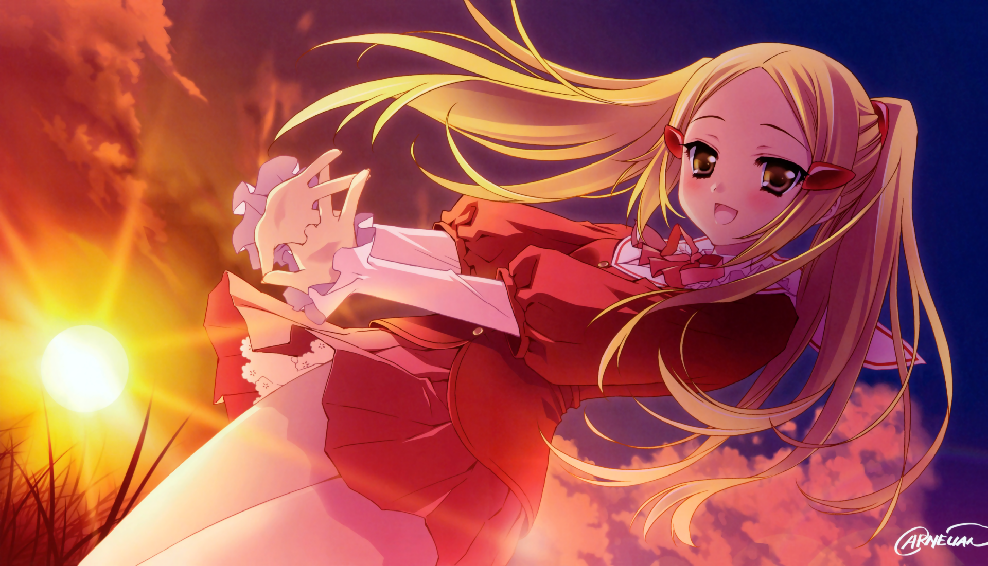 Anime — The World God Only Knows. 5K Ultra HD PC desktop wallpaper and background: windblown blonde schoolgirl in a red uniform with white gloves, bathed in a glowing sunset sky.