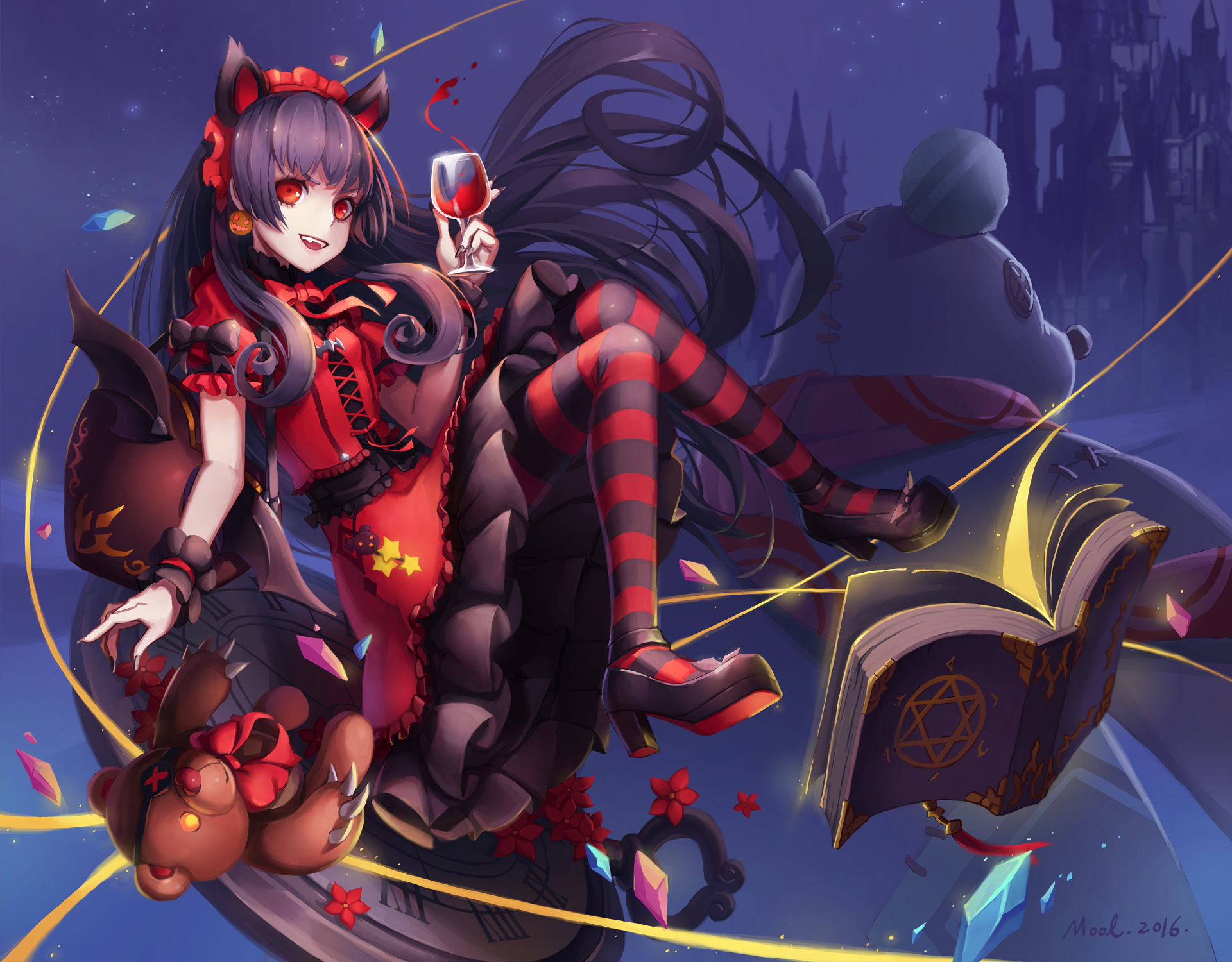 HD Anime original desktop wallpaper of a dark-themed girl in red and black attire holding a glass, surrounded by magical elements and a floating book.