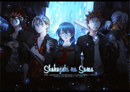 HD desktop wallpaper featuring characters Takumi Aldini, Ryō Kurokiba, Akira Hayama, Sōma Yukihira, and Megumi Tadokoro from the anime Food Wars: Shokugeki no Soma, in a dark and intense setting.