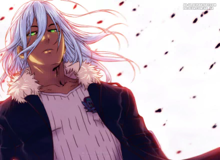 Akira Hayama from Food Wars: Shokugeki no Soma with flowing white hair and piercing green eyes, set against a light background with falling petals in this HD anime desktop wallpaper.