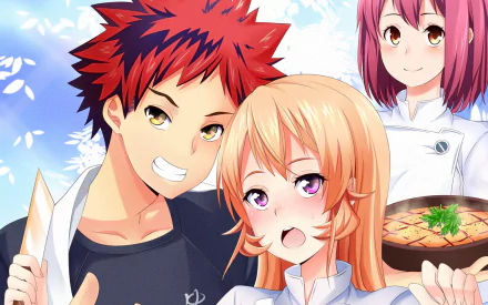 HD anime desktop wallpaper featuring Sōma Yukihira, Erina Nakiri, and Hisako Arato from Food Wars: Shokugeki no Soma, showcasing vibrant colors and dynamic expressions.