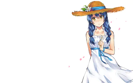 Megumi Tadokoro from Food Wars: Shokugeki no Soma in a white dress and straw hat, holding a flower, featured in a 4K Ultra HD anime desktop wallpaper.