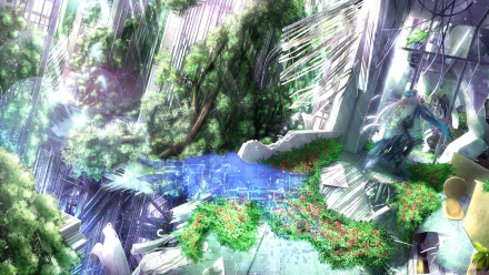Anime original HD PC desktop wallpaper/background: overgrown futuristic ruins with shattered columns, cascading light, a holographic pool and a lone figure among blooming vines.