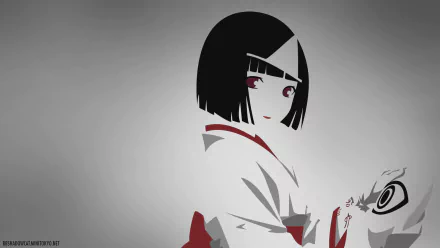 HD desktop wallpaper and background featuring an anime character from Noragami with short black hair and red eyes, wearing a white and red traditional outfit, set against a subtle gradient background.