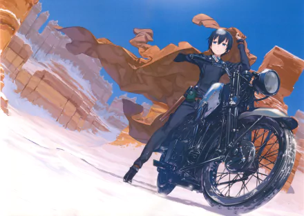 Kino from *Kino's Journey* poses confidently on her motorcycle, set against a dramatic desert landscape, capturing the spirit of adventure in this HD anime wallpaper.