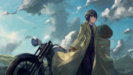 Anime, Kino's Journey — Kino in a long coat stands by a motorcycle beneath sweeping clouds. 2K Quad HD PC desktop wallpaper/background.