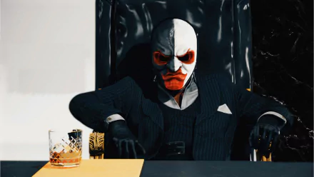 HD PC desktop wallpaper featuring Scarface character from Payday 2 video game, showcasing a menacing figure in a suit and clown mask.