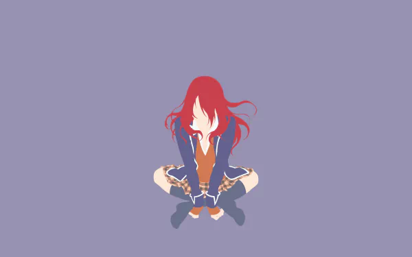 2K Quad HD desktop wallpaper of Rindō Kobayashi (Food Wars: Shokugeki no Soma) — minimalist anime portrait with flowing red hair, school uniform, seated cross-legged on a lavender background.