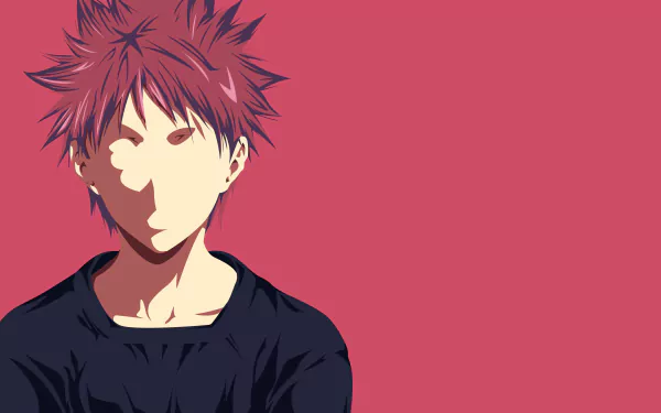 Sōma Yukihira from Food Wars: Shokugeki no Soma — minimalist portrait with spiky red hair and dark shirt on a solid pink backdrop; 2K Quad HD PC desktop wallpaper