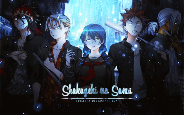 HD desktop wallpaper featuring characters Takumi Aldini, Ryō Kurokiba, Akira Hayama, Sōma Yukihira, and Megumi Tadokoro from the anime Food Wars: Shokugeki no Soma, in a dark and intense setting.