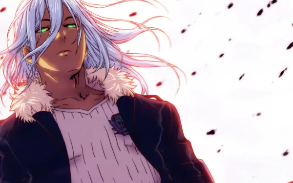 Akira Hayama from Food Wars: Shokugeki no Soma with flowing white hair and piercing green eyes, set against a light background with falling petals in this HD anime desktop wallpaper.