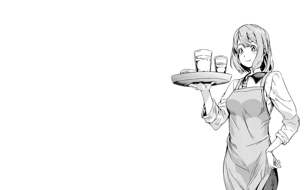 HD anime desktop wallpaper of Hisako Arato from Food Wars: Shokugeki no Soma, holding a tray with drinks, in a monochrome illustration style.