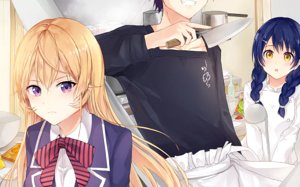 HD PC wallpaper featuring Megumi Tadokoro, Sōma Yukihira, and Erina Nakiri from the anime Food Wars: Shokugeki no Soma in a kitchen setting.