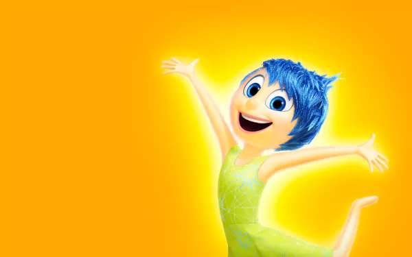 HD desktop wallpaper featuring Joy from the movie Inside Out, glowing brightly against a vibrant yellow background.