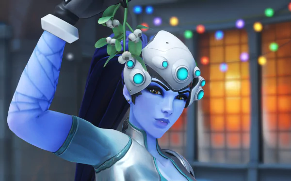 HD PC desktop wallpaper of Widowmaker from Overwatch holding mistletoe, with festive lights glowing softly in the background.