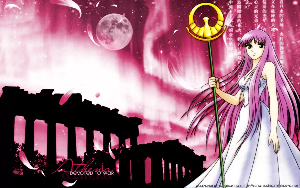 HD anime desktop wallpaper featuring a Saint Seiya character with long pink hair and a staff, set against a vivid pink sky with a full moon and ancient ruins silhouette.