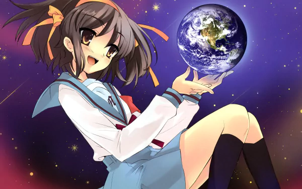 Anime-style 4K Ultra HD desktop wallpaper featuring Haruhi Suzumiya from The Melancholy of Haruhi Suzumiya holding a glowing Earth against a starry purple background.