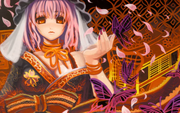 4K Ultra HD PC wallpaper of Yuyuko Saigyouji (Touhou): anime-style portrait in an ornate kimono, pink petals and purple butterflies drifting across a patterned orange background.