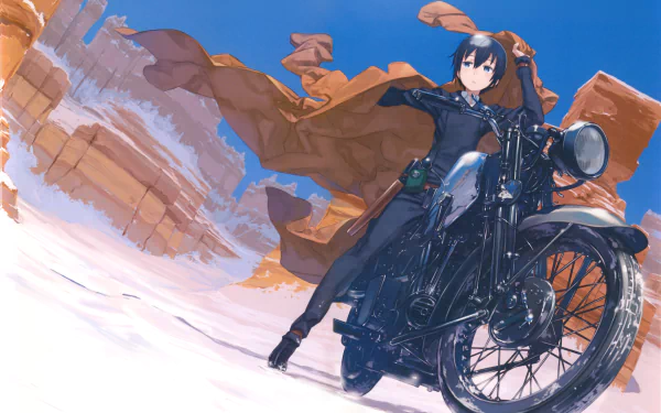 Kino from *Kino's Journey* poses confidently on her motorcycle, set against a dramatic desert landscape, capturing the spirit of adventure in this HD anime wallpaper.