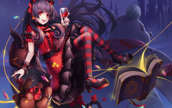 HD Anime original desktop wallpaper of a dark-themed girl in red and black attire holding a glass, surrounded by magical elements and a floating book.