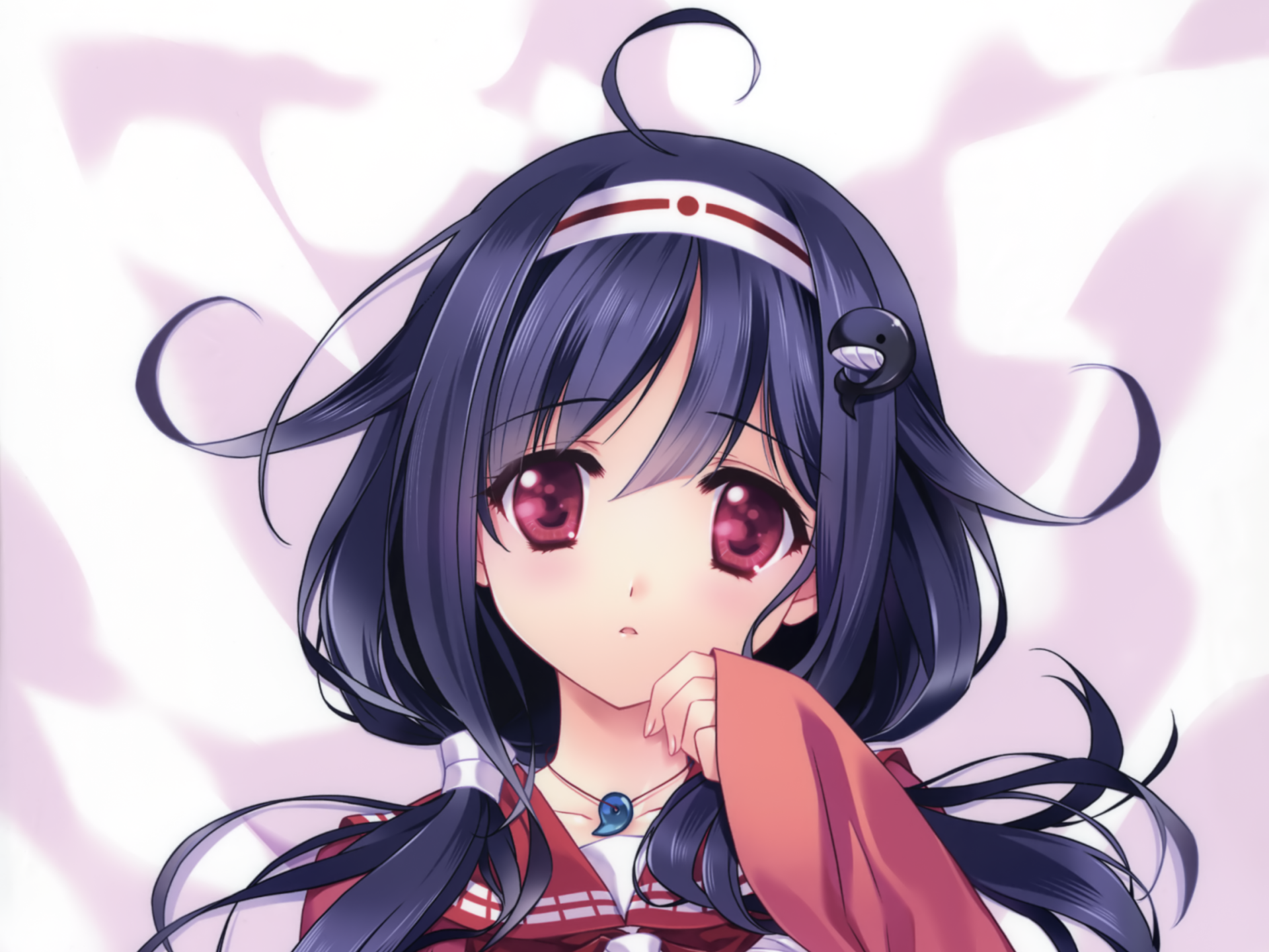 HD PC desktop wallpaper: Kantai Collection anime portrait of a dark‑haired girl with red eyes and a headband, clutching her sleeve against a soft pink background.