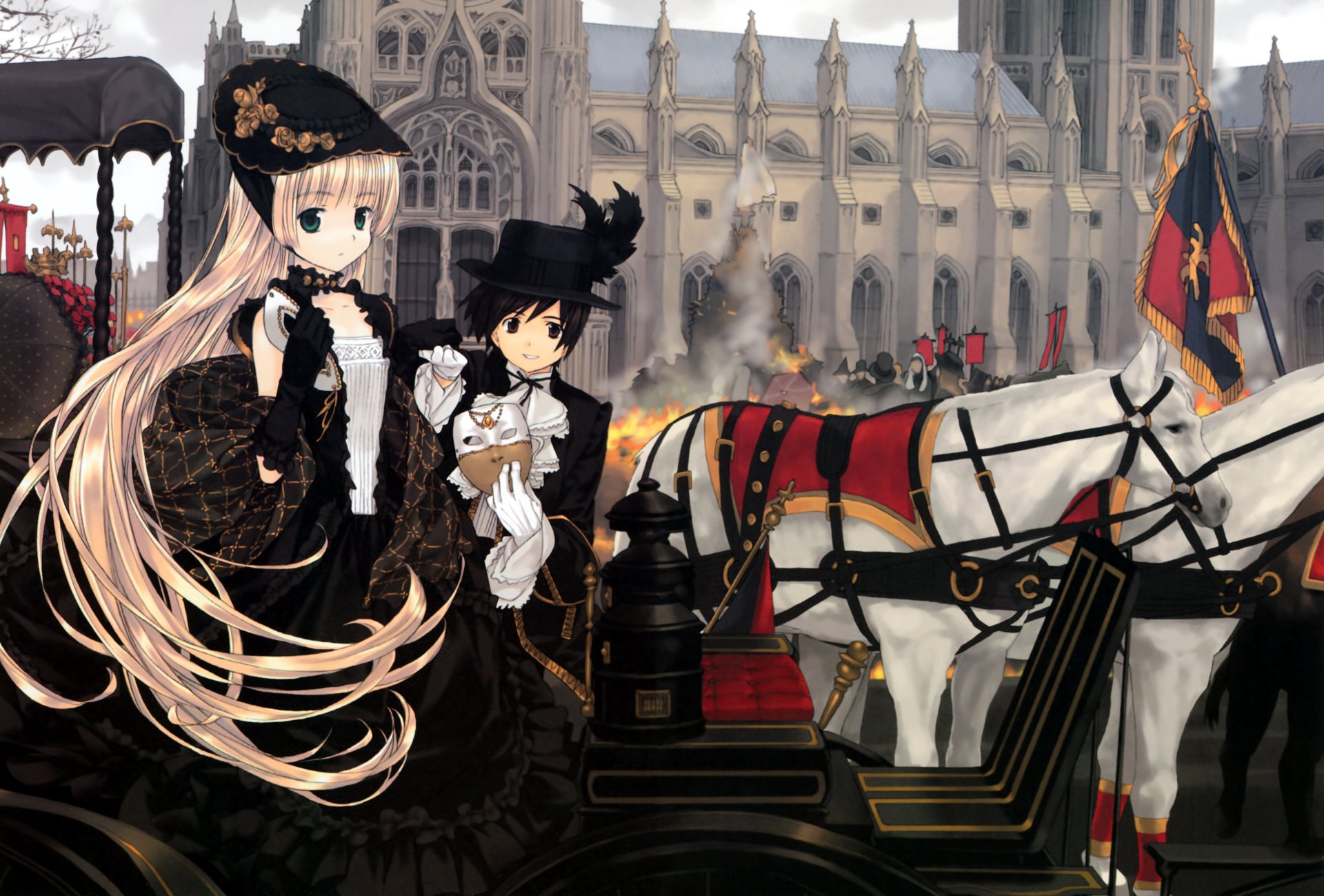 Anime-style Gosick characters dressed in Victorian attire stand beside a horse-drawn carriage in front of a grand gothic building, rendered in 8K Ultra HD for PC desktop wallpaper.