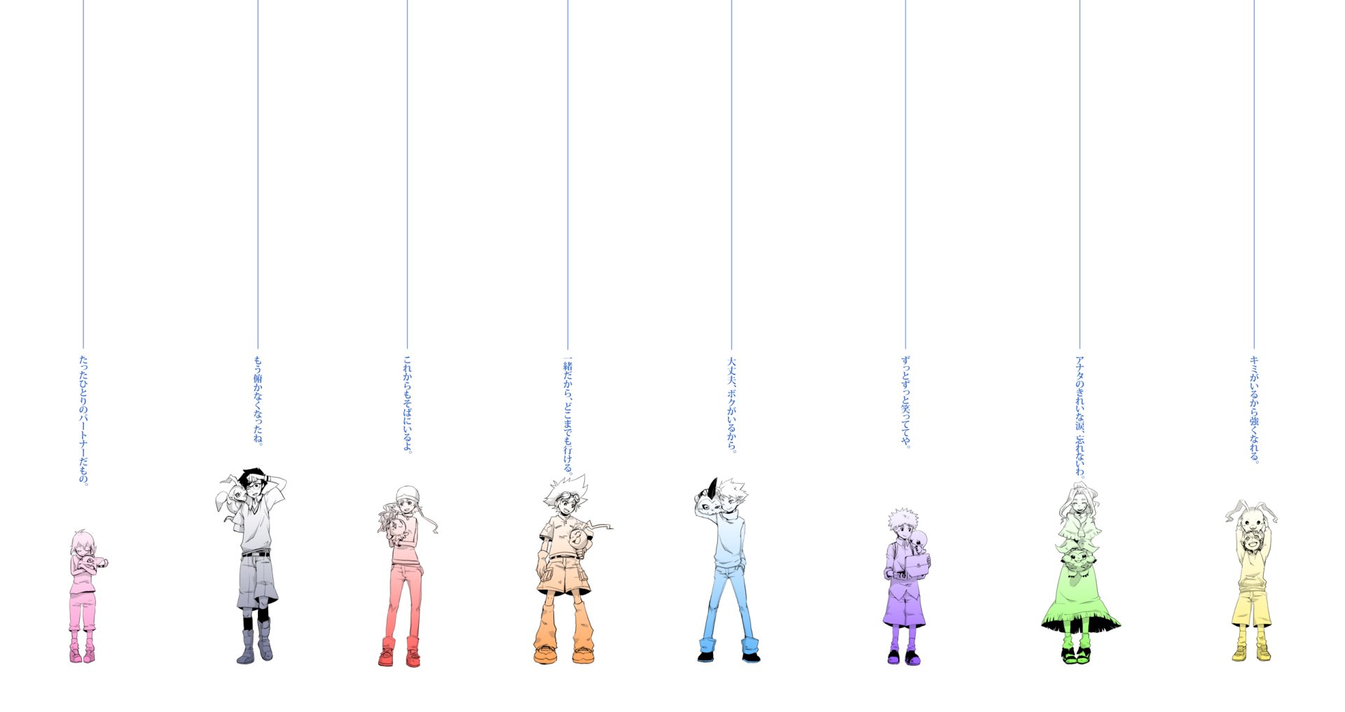 Anime-inspired HD wallpaper showcasing characters from Digimon, depicted in a minimalist style, hanging from strings against a clean white background.