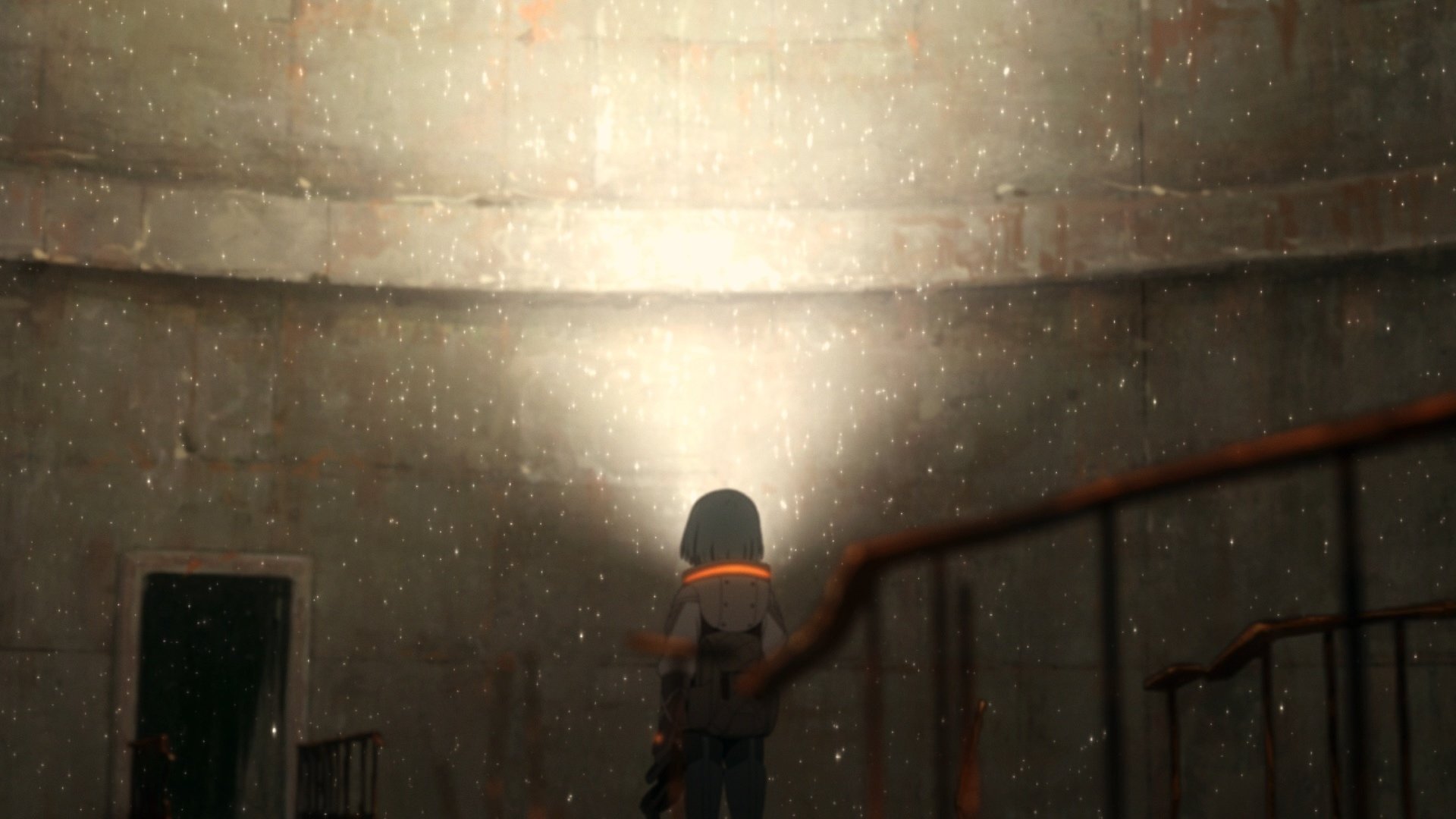 HD PC desktop wallpaper — movie Patema Inverted: lone figure with backpack stands beneath a bright circular light in a dusty dome, curved railing and stairwell in the foreground.