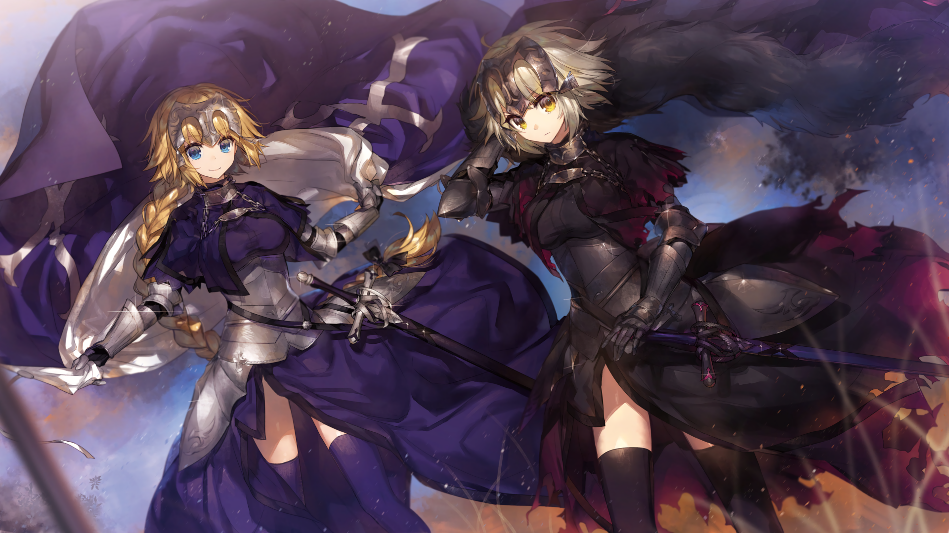 A high-definition desktop wallpaper featuring characters from the anime Fate/Grand Order, showcasing two armoured figures in dynamic poses against a vibrant background.