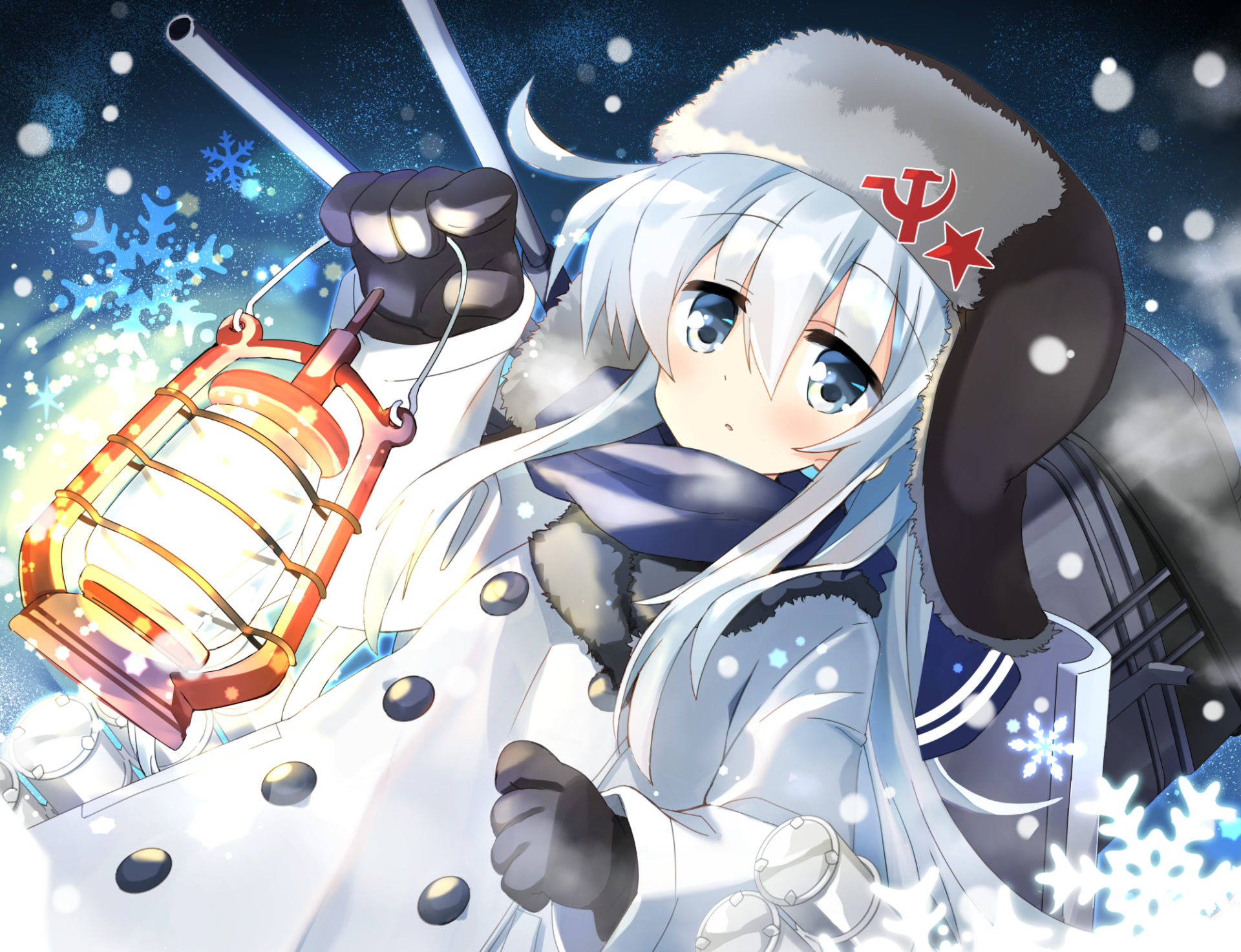 HD anime wallpaper featuring Hibiki from Kantai Collection, dressed in winter attire with a lantern against a snowy backdrop.