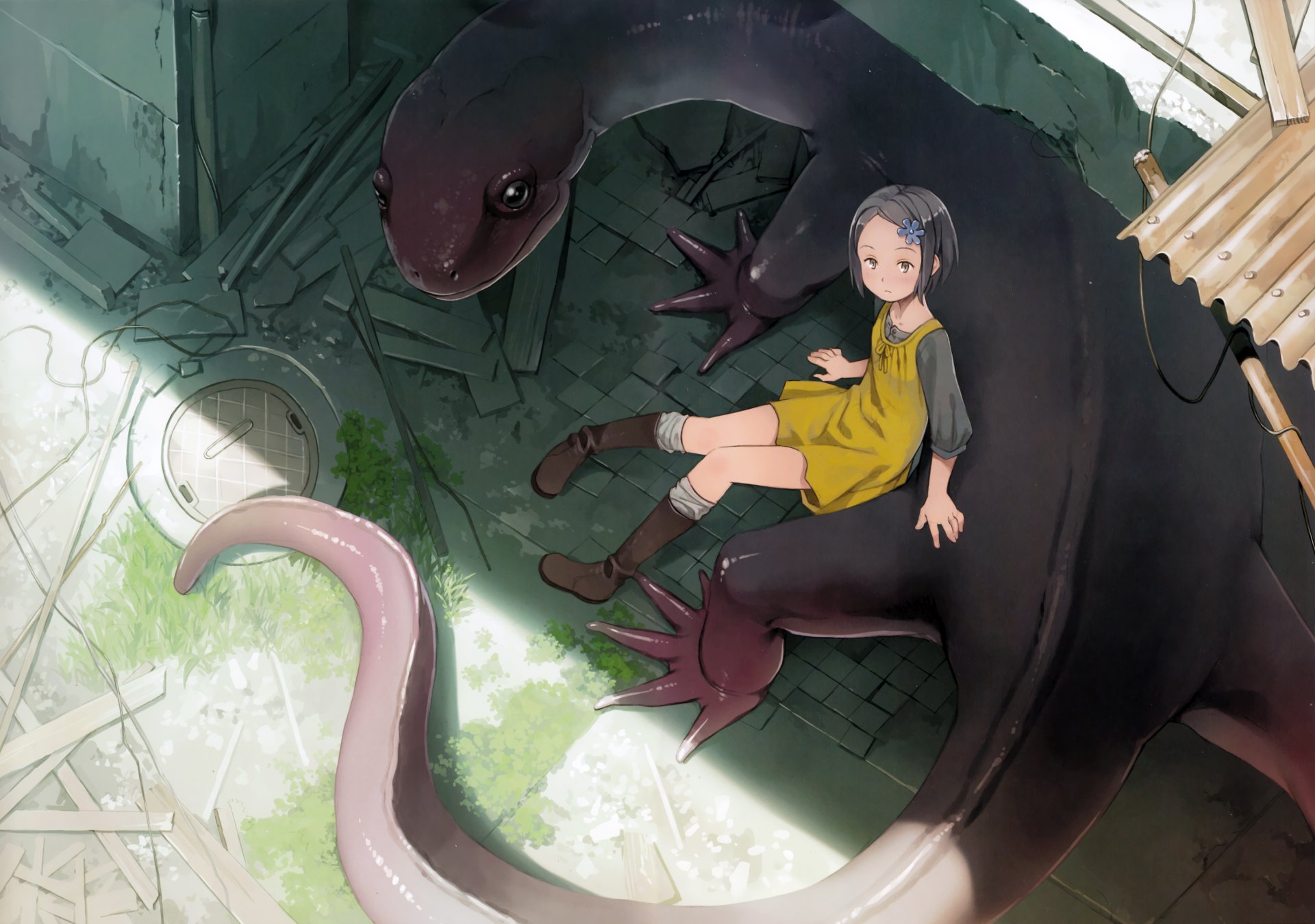 Anime-style HD desktop wallpaper featuring a girl in a yellow dress sitting on a large, dark amphibious creature in a shaded, industrial setting.