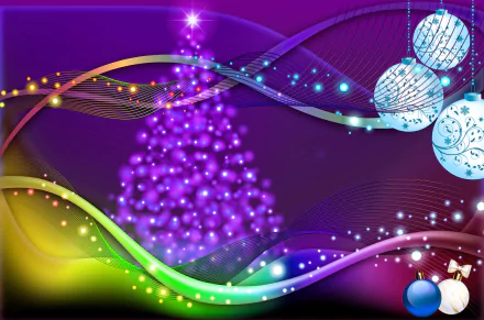 A vibrant HD desktop wallpaper featuring colorful Christmas ornaments, a sparkling Christmas tree, and festive holiday decorations with glittering lights on a purple background.