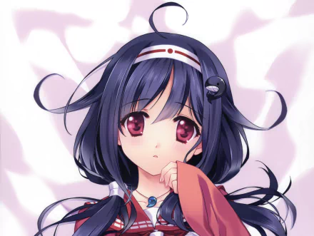 HD PC desktop wallpaper: Kantai Collection anime portrait of a dark‑haired girl with red eyes and a headband, clutching her sleeve against a soft pink background.