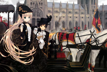 Anime-style Gosick characters dressed in Victorian attire stand beside a horse-drawn carriage in front of a grand gothic building, rendered in 8K Ultra HD for PC desktop wallpaper.