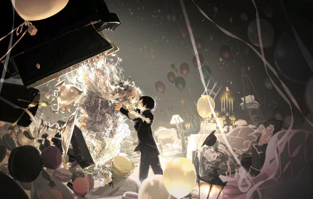 HD anime desktop wallpaper from Gosick, featuring a dramatic scene with a character interacting with a shining, crystal-like figure amidst balloons and elegant lighting.