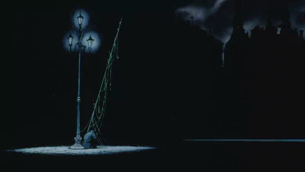 HD anime desktop wallpaper from Angel's Egg featuring a solitary figure under a glowing street lamp amidst a dark, mysterious nightscape.