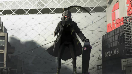 HD wallpaper of a menacing character from Let It Die wielding a scythe, set against an urban backdrop.