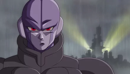 HD desktop wallpaper of Hit from Dragon Ball Super, featuring a dramatic background with a misty city and spotlight beams piercing the dark, rainy atmosphere.