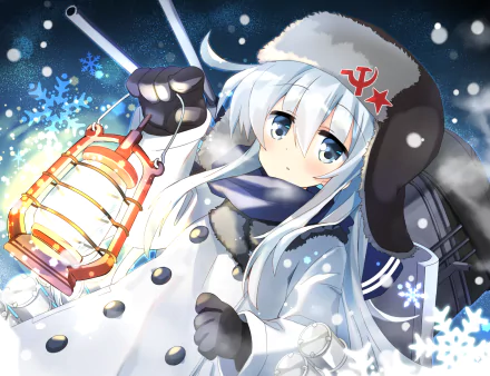 HD anime wallpaper featuring Hibiki from Kantai Collection, dressed in winter attire with a lantern against a snowy backdrop.