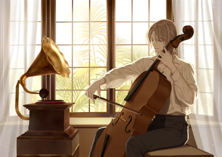 Anime character playing the cello by a vintage gramophone, set in a sunlit room with large windows. HD desktop wallpaper and background emphasizing music and serenity.