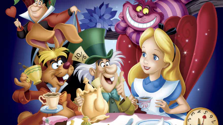 HD desktop wallpaper featuring characters from the 1951 movie Alice in Wonderland, including Alice, the Mad Hatter, the March Hare, and the Cheshire Cat at a tea party.